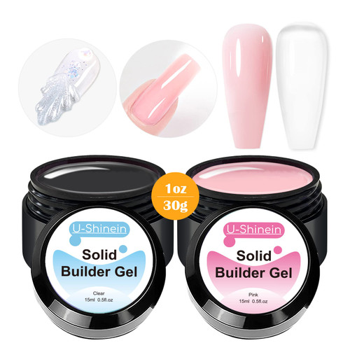 U-Shinein Solid Builder Gel, 2PCS Nail Extension Gel Solid Sculpture Gel Hard Gel, Non-Sticky Hand Nail Carving Gel, Nail Art Modeling Gel, Solid Nail Building Gel Nail DIY Charms Gel Clear Pink, 30ml