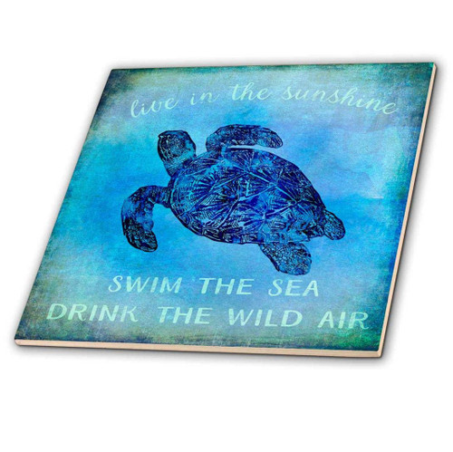 3dRose Blue Underwater Turtle Illustration with Typography Tile, 4 x 4