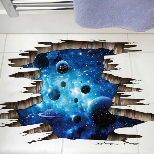 3D Space Floor Sticker,Blue Galaxy Wall Decal-Removable Mural for Kids Bedroom Living Room Milky Way Decorations