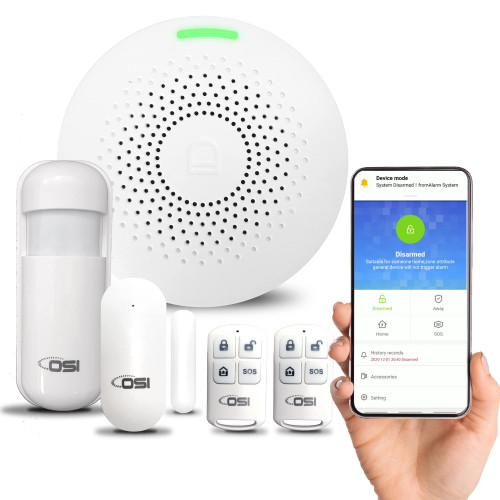?OSI WIRELESS WIFI SMART HOME SECURITY MINI ALARM SYSTEM - 5 PIECE?DIY Home Wi-Fi Alarm Kit with Motion detector,Notifications with app,door/window sensor, siren,Compatible with Alexa,NO Monthly Fees