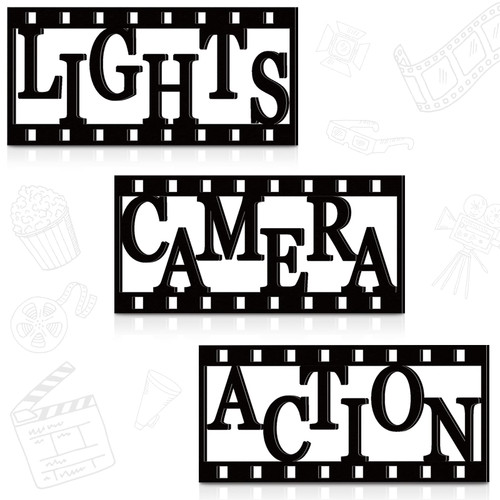 3 Pieces Home Movie Theater Room Decor Cinema Wall Art Wooden Movie Reel Wall Sign Home Theater Action Sign Cinema Movie Film Wall Decoration (11.4 Inch, Simple Style)