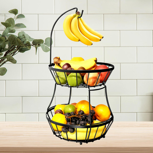 Xlong 2-Tier Fruit Basket with Banana Holder,Stackable Fruit Bowl for Kitchen Counter,Fruit and Vegetable Storage Banana Tree Fruit Stand