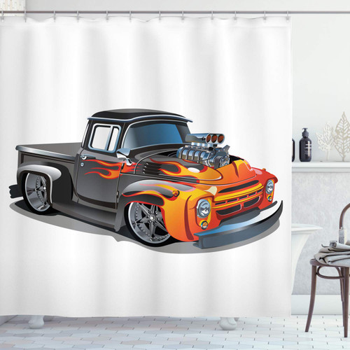 Ambesonne Manly Shower Curtain, Cartoon Hot-Rod Truck Antique Old Model Automobile Transport Nostalgia Illustration, Cloth Fabric Bathroom Decor Set with Hooks, 69" W x 70" L, Orange Black Ambesonne Manly Shower Curtain, Cartoon Hot-Rod Truck Antique Old Model Automobile Transport Nostalgia Illustration, Cloth Fabric Bathroom Decor Set with Hooks, 69" W x 70" L, Orange Black