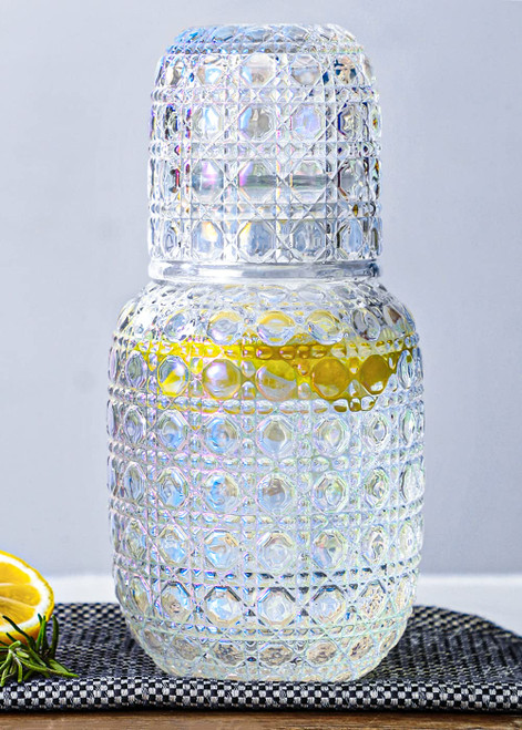 Iridescent Bedside Water Carafe And Glass Set, Water Carafe With Glass Cup For Nightstand, Bedside Night Carafe For A Handy Midnight Drink, Glass Mouthwash Decanter For Bathroom, Guest Room