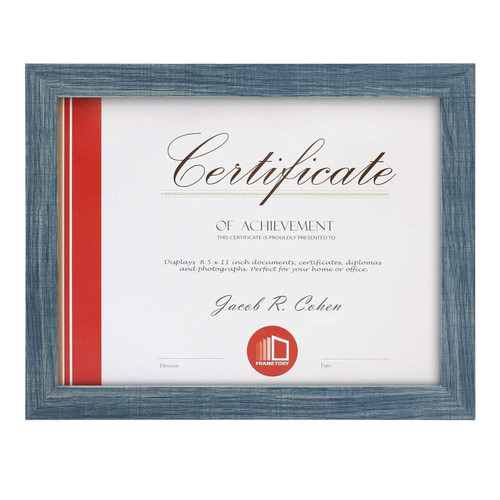 Frametory, 8.5x11 Certificate Frame with Back Hangers for Wall Display, Easel Stand Picture Frame for Diploma, Documents, Awards, Wide Molding (Blue, 1-Pack)