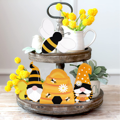 Kitticcino Bee Tiered Tray Decor Spring Farmhouse Decor Gnomes Wood Shelf Decor Summer Kitchen Decor for Home Bumble Bee Decorations Honey Bee Wooden Signs Bee Gifts Set Bedroom Ornaments Set of 4