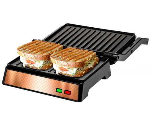 OVENTE Electric Indoor Panini Press Grill and Sandwich Maker with Non-Stick Coated Plates, Opens 180 Degrees to Fit Any Type or Size Food, Temperature Control and Removable Drip Tray, Copper GP0540CO OVENTE Electric Indoor Panini Press Grill and Sandwich Maker with Non-Stick Coated Plates, Opens 180 Degrees to Fit Any Type or Size Food, Temperature Control and Removable Drip Tray, Copper GP0540CO