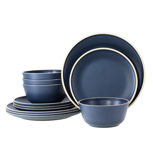 Gufaith Melamine Dinnerware Sets for 4, Melamine Plates and Bowls Sets 12 Piece, Nautical Dinnerware Sets, Modern Style,Dishwasher Safe, BPA Free, Suitable Indoor and Outdoor Use (Deep Blue)