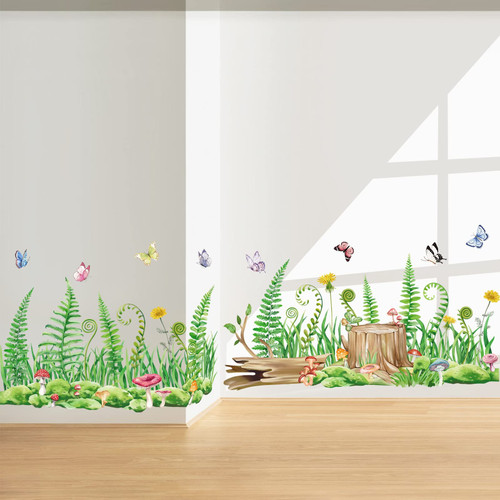 wondever Summer Green Grass Fern Wall Corner Stickers Green Plants Butterflies Baseboard Skirting Line Wall Art Decals for Bedroom Living Room
