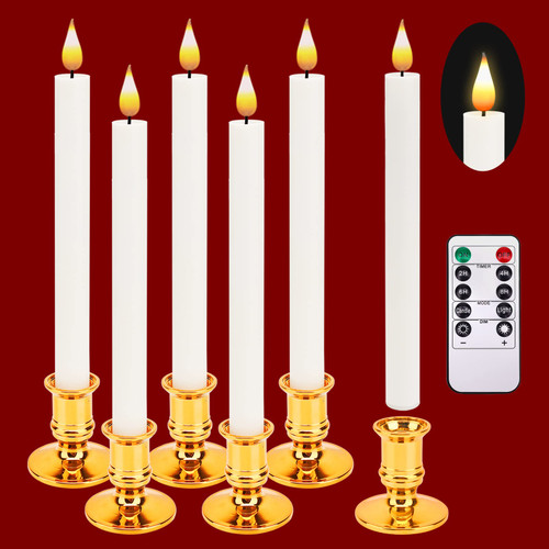 LED Flameless Taper Candles with Base, Warm Yellow 3D Wick with Flickering, Battery Operated White Window Candle with Remote Timer for Wedding/Church/Christmas/Home Decoration - 6 Pack