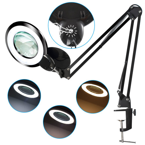 10X Magnifying Glass with Light and Stand, HITTI 2200 Lumens Bright Touch LED Magnifying Desk Lamp, 3 Color Modes Stepless Dimming, Adjustable Swing Arm Lighted Magnifier for Close Work, Crafts-Black