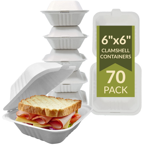 Reli. Compostable Clamshell To-Go Containers (70 Pack), 6x6 Inch | 1 Compartment | Disposable Food Containers/Take Out Food Box | Biodegradable Bento Cake Box | Bagasse Clam shell | White 6x6