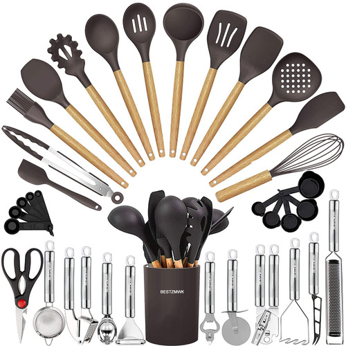 Cooking Utensils Set- 35 PCs Kitchen Utensils with Grater,Tongs, Spoon Spatula &Turner Made of Heat Resistant Food Grade Silicone and Wooden Handles Kitchen Gadgets Tools Set for Nonstick Cookware