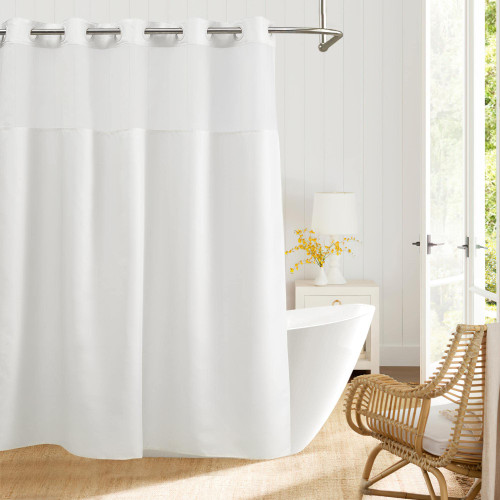 River Dream No Hooks Needed Shower Curtain or Liner,White Fabric Shower Curtain for Bathroom,Hotel Quality Shower Curtain with Window,Machine Washable,Water Repellent,71" Wx74 H