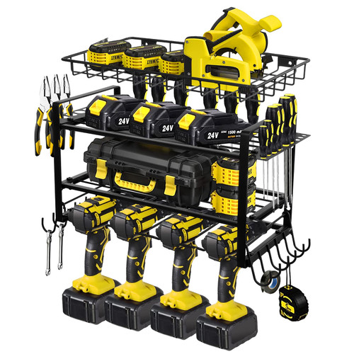 Drill Holder,Power Tool Organizer Wall Mount with Separate Tool Basket Rack Drill Slots, Heavy Duty Tool Storage Rack for Cordless Drill, Tool Storage for Garage Organization, Gift for Father