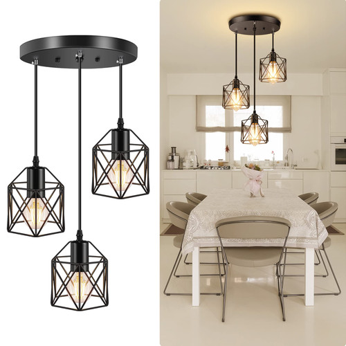 Licperron Industrial 3-Light Pendant Light, Adjustable Kitchen Hanging Ceiling Light Fixtures with Metal Cage, Black Farmhouse Pendant Lighting for Kitchen Island Dining Room Hallway, E26 Base Licperron Industrial 3-Light Pendant Light, Adjustable Kitchen Hanging Ceiling Light Fixtures with Metal Cage, Black Farmhouse Pendant Lighting for Kitchen Island Dining Room Hallway, E26 Base