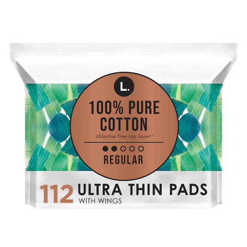 L. Ultra Thin Unscented Pads with Wings, Regular Absorbency, 100% Pure Cotton Chlorine Free Top Layer, 56 Count x 2 Packs (112 Count Total)