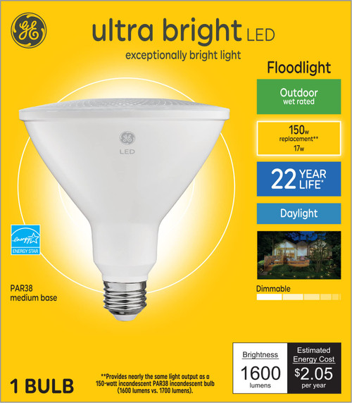 GE Ultra Bright LED Light Bulb, 150 Watt Eqv, Daylight, PAR38 Outdoor Floodlight