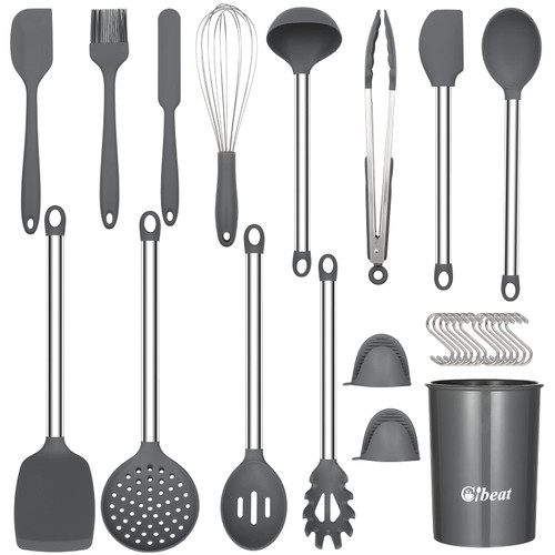 27PCS Kitchen Utensils Set with Holder, Silicone Cooking Utensils Gadget, Kitchen Spatula Set with Stainless Steel Handle, Nonstick and Heat Resistant