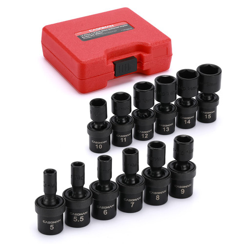 CASOMAN 1/4-Inch Drive Shallow Universal Impact Socket Set, Metric, 12 Pieces Set, 5mm to 15mm, 6-Point, Cr-Mo, Swivel Socket
