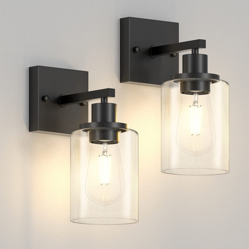 Licperron Black Vanity Wall Sconces Set of Two, Modern Sconces Wall Lighting Fixture with Clear Glass Shade for Bathroom, Industrial Metal Wall Mount Lamp for Bedroom Mirror Living Room Licperron Black Vanity Wall Sconces Set of Two, Modern Sconces Wall Lighting Fixture with Clear Glass Shade for Bathroom, Industrial Metal Wall Mount Lamp for Bedroom Mirror Living Room