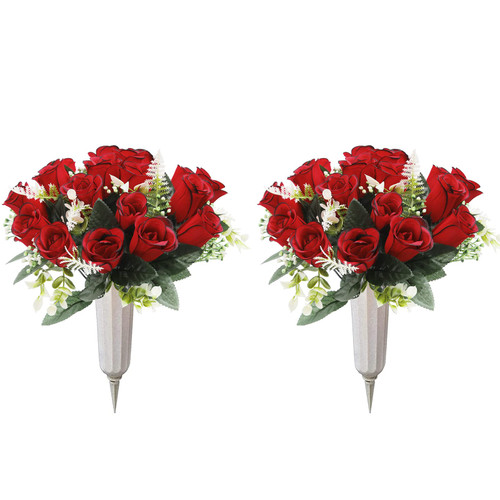 U'Artlines 2Pcs Artificial Cemetery Flowers for Grave Silk Memorial Rose Flowers Outdoor Grave Flowers for Grave Vase Cemetery Flower Arrangements (Not Included Vase)