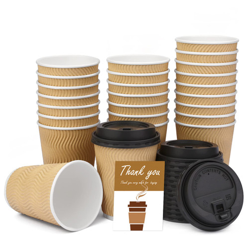 Wuadua 12 oz Disposable Insulated Coffee Cups with Lids, 25 Packs Disposal Ripple Paper Coffee Cups for Hot Beverages, Juice, Coffee or Tea, Suitable for Office,Travel, and To-Go