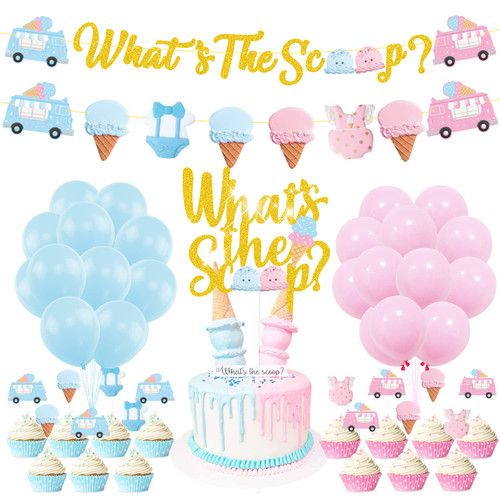 Ice Cream Gender Reveal Party Decorations, Ice Cream What's the Scoop Banner Cake Cupcake Topper Pink Blue Balloon for Summer Ice Cream Theme He or She Boy or Girl Baby Shower Mom To Be Party Supplies