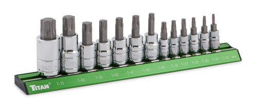 Titan 16122 13-Piece Torx Bit Socket Set, Magnetic Socket Organizer with Laser-Etched Size Markings