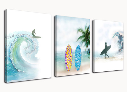 Enartly Ocean Beach Wall Art Surf Pictures Coastal Seascape Vocation Canvas Modern Simple Watercolor Tropical Palm Tree Paintings Artwork Framed for Bathroom Living Room Bedroom Home Office Wall Decor 12"x16"x3