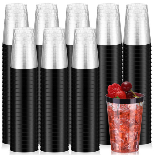 100 Pcs 12oz Plastic Cups Disposable Cups 12 oz Plastic Glasses Clear Plastic Tumblers with Rim for Birthday Wedding Party Elegant Wine Coffee Cocktail Cups (Black)