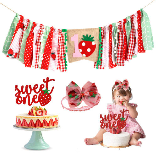 Strawberry First Birthday Party Decoration kit,Strawberry 1st Birthday Highchair Banner,Sweet One Cake Topper and Strawberry Bow Hairband for Strawberry First Birthday,Summer Fruit Party Supplies