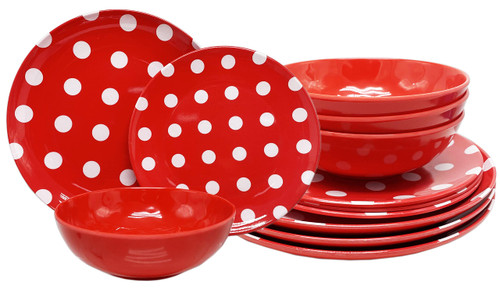 ITALIA 12pcs 11" Melamine dinner set Red Polka Dot 4pcs bowl+4pcs dinner plate+4pcs salad plate