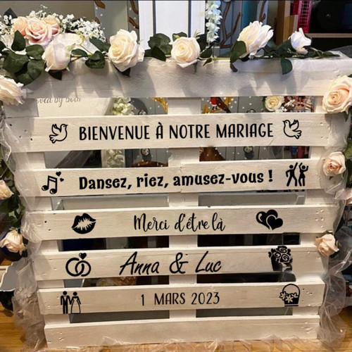 jifu Vinyl Wall Art Decal,Personalized Wedding Stickers for Favors,French Personalized Wedding Pallet Viny Stickers Decals Mariage Wedding Decoration Custom Wedding Stickers (Black,Width of 70cm)