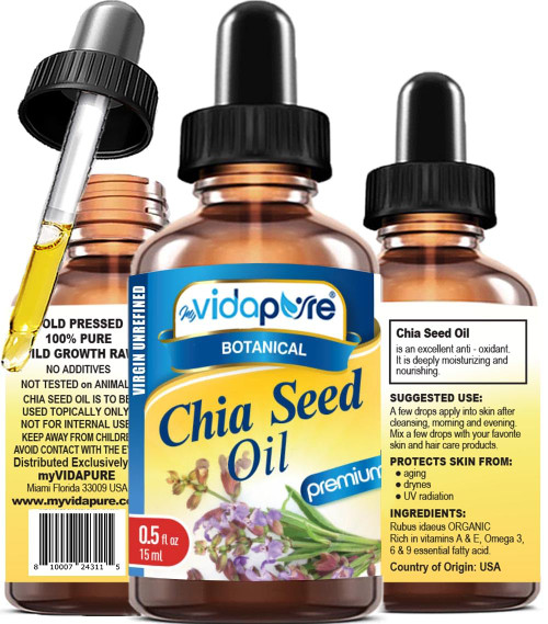 100% Pure CHIA SEED OIL WILD GROWTH Refined, Undiluted. 0.5 Fl.oz.- 15 ml. For Skin, Hair, Lip and Nail Care. by myVidaPure