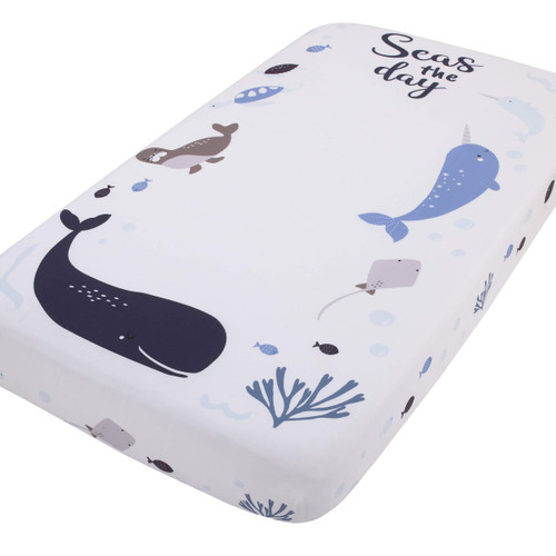 NoJo Seas The Day Multi Sea Animals Blue and White 100% Cotton Photo Op Fitted Crib Sheet