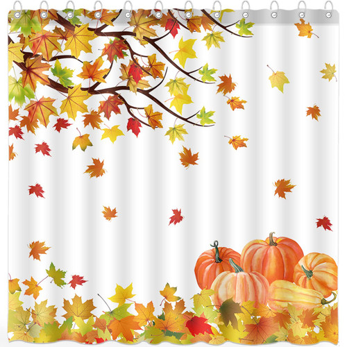 DePhoto Fall Shower Curtain Set with Hooks Autumn Pumpkin Farmhouse Romantic Falling Maple Leaf Thanksgiving Home Bathroom Bathtubs Decor Easy Care Machine Washable Durable Polyester Fabric 72"x72"