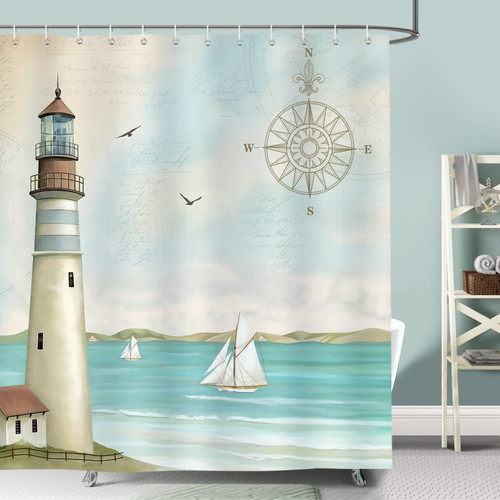 Bonhause Nautical Lighthouse Shower Curtain 72 x 72 Inch Sailboat Coastal Blue Decorative Bath Curtain Polyester Fabric Waterproof Bathroom Curtain with 12 Hooks