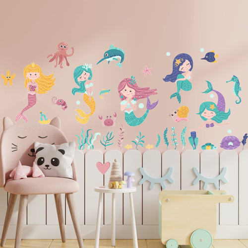 Mermaid Under The Sea Wall Stickers,Baby Girl Room Decor for Nursery, Shell Bubble Coral Seaweed Little Mermaid Bathroom Wall Decals Home Decor