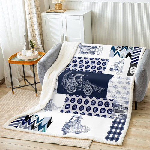 Kids Construction Fleece Throw Blanket Twin 60"x80" Equipment Trucks Sherpa Blanket for Boys Cartoon Car Excavator Tractor Plush Blanket Construction Vehicles Plaid Grid Blue and White Fuzzy Blanket