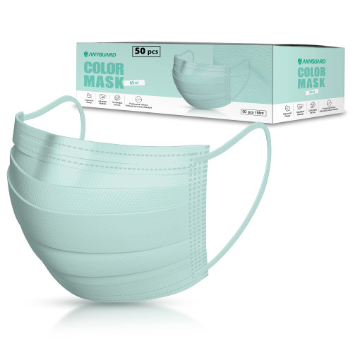 ANYGUARD Colored Disposable Face Mask, Pack of 50, Breathable 3-Ply Face Mask (Mint)