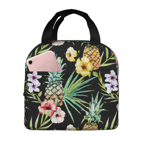 Reusable Lunch Tote Bag Tropical Hawaii Watercolor Pineapple Hibiscus Insulated Lunch Bag Durable Cooler Lunch Box