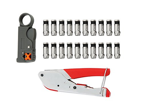 FLK Tech Crimping Tool Set Compression Tool and Cable Stripper for RG59 RG6 with 20pcs Black F Connectors