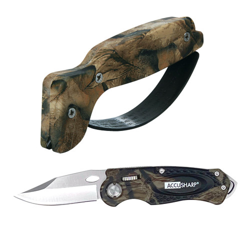 ACCUSHARP Sport Folding Knife & Knife Sharpener Combo Pack - Made of Anodized Aluminum & Stainless Steel - For Outdoor, Hunting, Fishing, Hiking & Camping - Camouflage