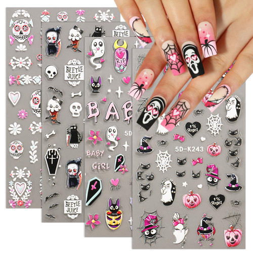 Day of the Dead Nail Art Stickers 5D Self Adhesive Spider Web Skull Bat Nail Pumpkin Head Decals Halloween Nail Design Sticker Spider Web Nail Art Supplies for Women Girls DIY Manicure Halloween Decorations, 4 Sheets