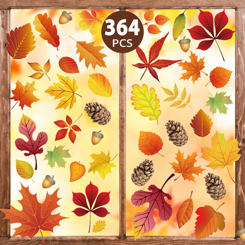 364 PCS Fall Window Clings, Double Sided Autumn Window Clings for Glass Windows, Fall Maple Leaves Window Clings Stickers for Thanksgiving Halloween Seasonal Holiday, Fall Decorations for Home Fall Decor (8 Large Sheets)