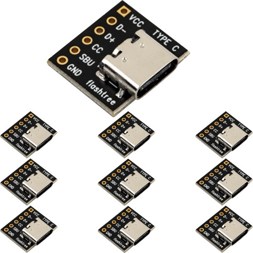 USB Type C Breakout Board Serial Basic Breakout Female Connector CC SBU 6Pin 2.54mm / 0.1" Black Gold-Plated PCB Converter Board (Pack of 10pcs)
