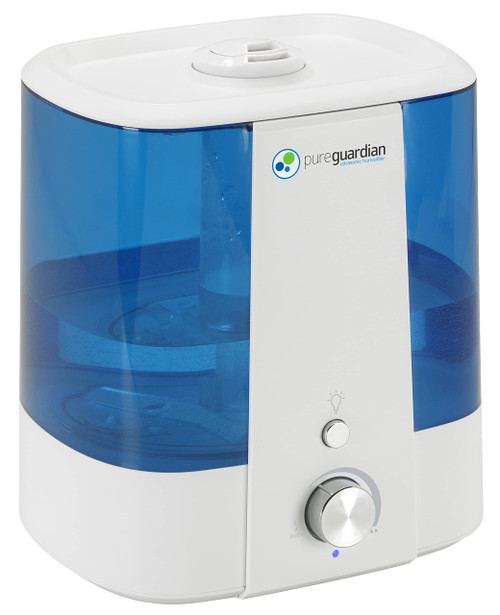 Pure Guardian H1175WCA Ultrasonic Cool Mist Humidifier, 90 Hrs. Run Time, 1.5 Gal. Tank Capacity, 390 Sq. Ft. Coverage, Medium Rooms, Quiet, Filter Free, Silver Clean Treated Tank, Essential Oil Tray