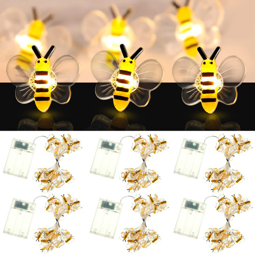6 Pcs Bee Lights String Battery Operated 10ft 30 LED Honey Bee Fairy Lights for Bee Birthday Party Decoration Bedroom Patio Garden Classroom Decor