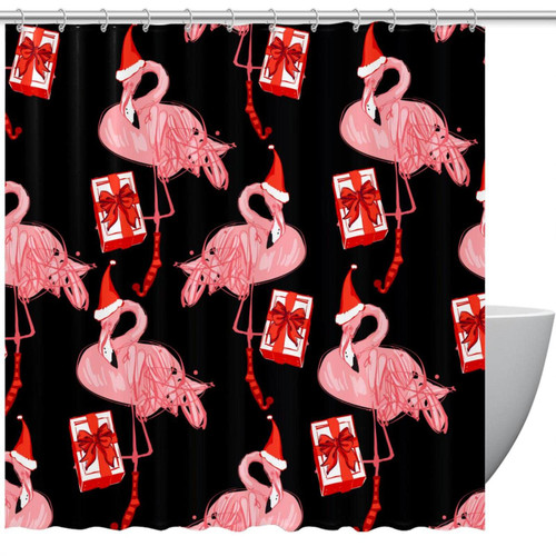 Shower Curtain, Christmas Hat Pink Red Gifts Flamingo Bathroom Curtain, Bathroom Shower Curtain with Hooks, Kids Bathroom Decor 72 Inch